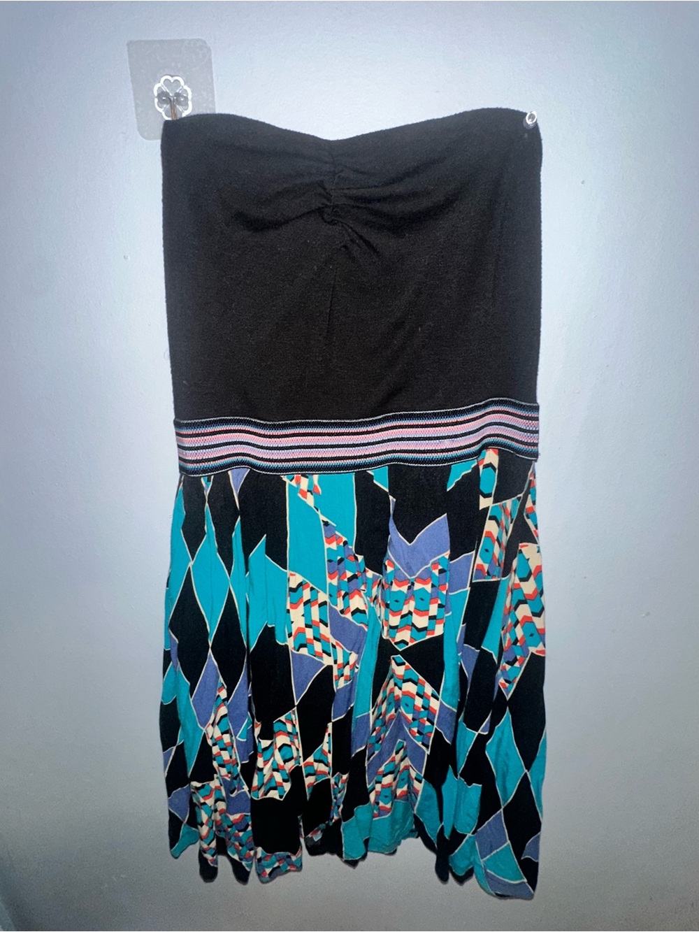 Xhilaration Strapless Dress in Black with Teal & Multicolor Print